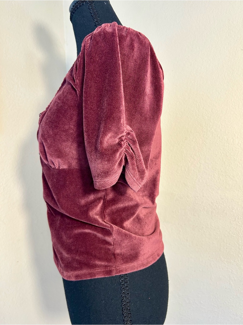 American Rag Burgundy, Rose Ribbed Velour Ruched Button Front Top - Size S - Picture 8 of 9